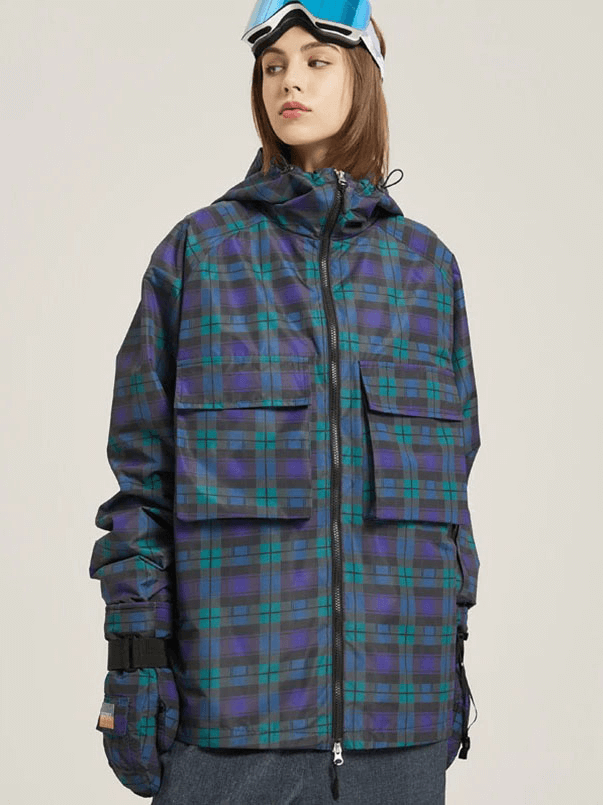 Woman in blue plaid Two-Way Zip Thick Warm Skiing Jacket with hood and large pockets, perfect for winter sports, model SF1859.